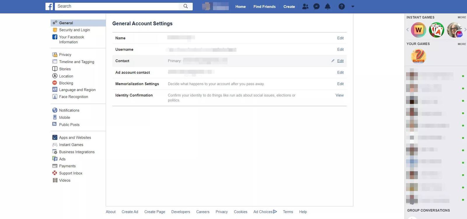 لقطة شاشة للإعدادات العامة لحساب Facebook