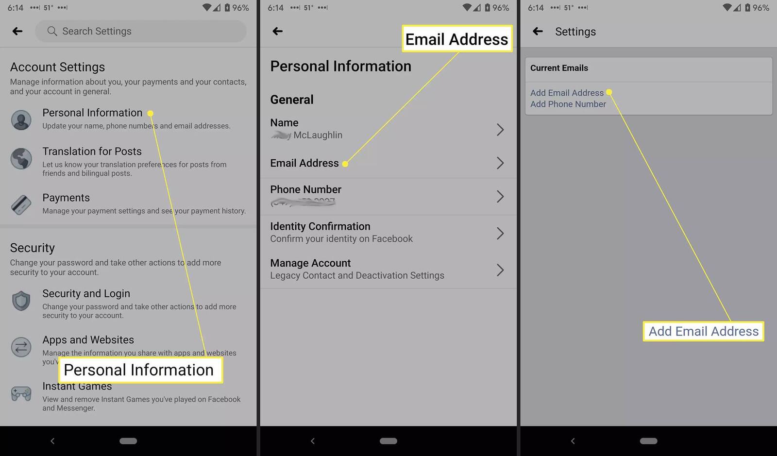 تغيير عنوان البريد الإلكتروني على Facebook على Android.