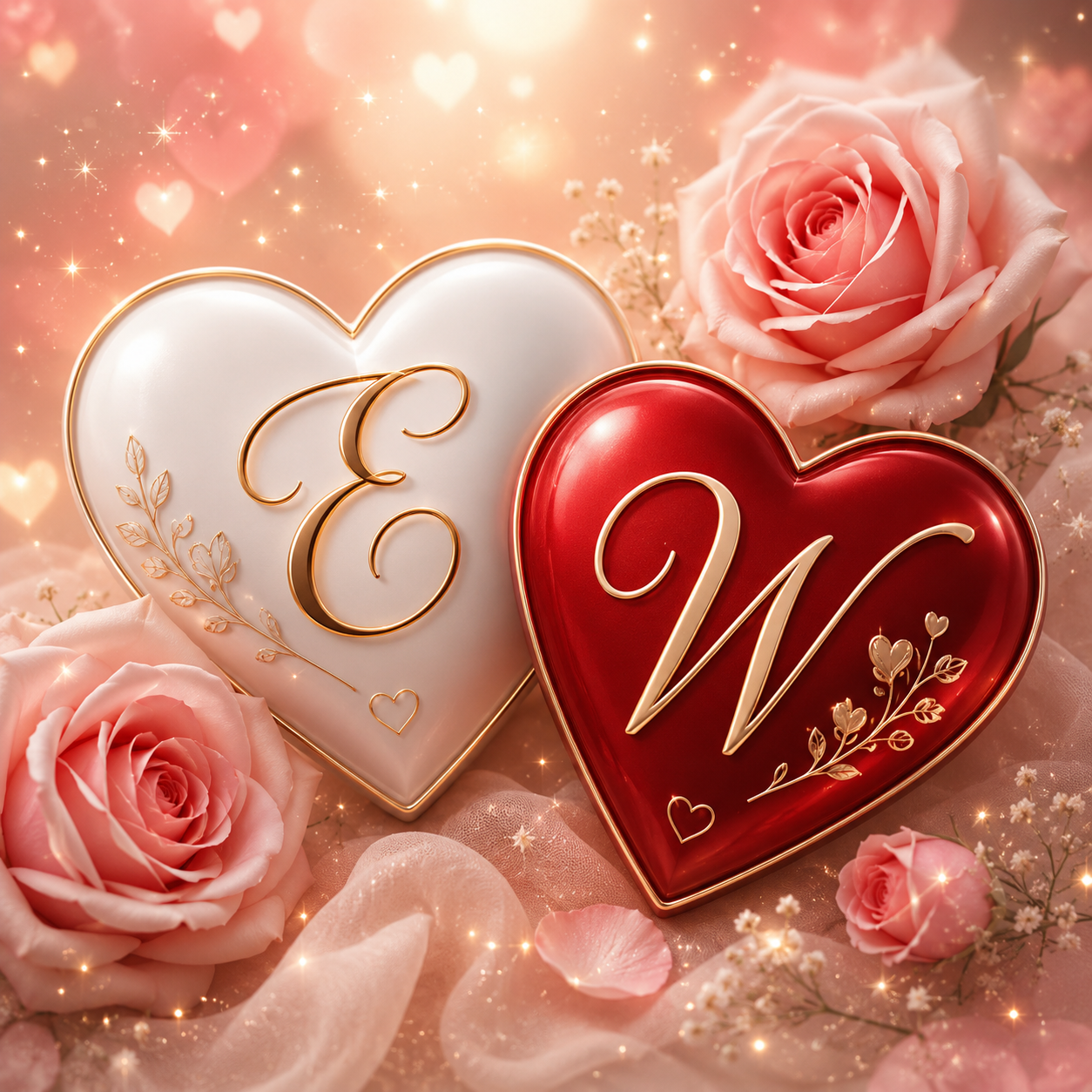 حرف E مع حرف W على قلب أبيض وقلب أحمر